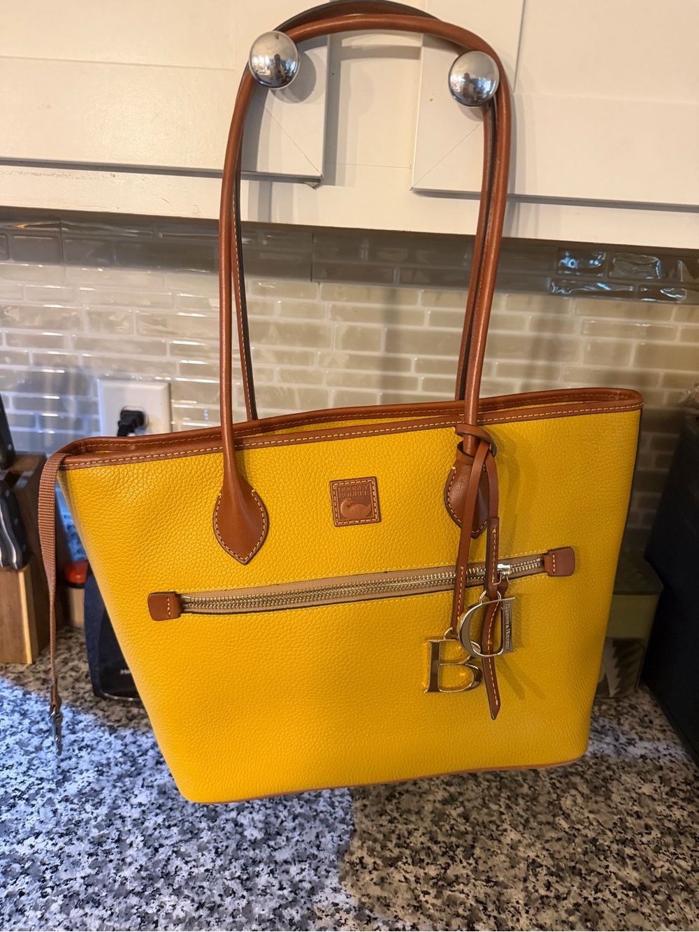 Dooney & Bourke Yellow Leather Tote with Brown Trim and DB Charm (Imitation) - Picture 3 of 6